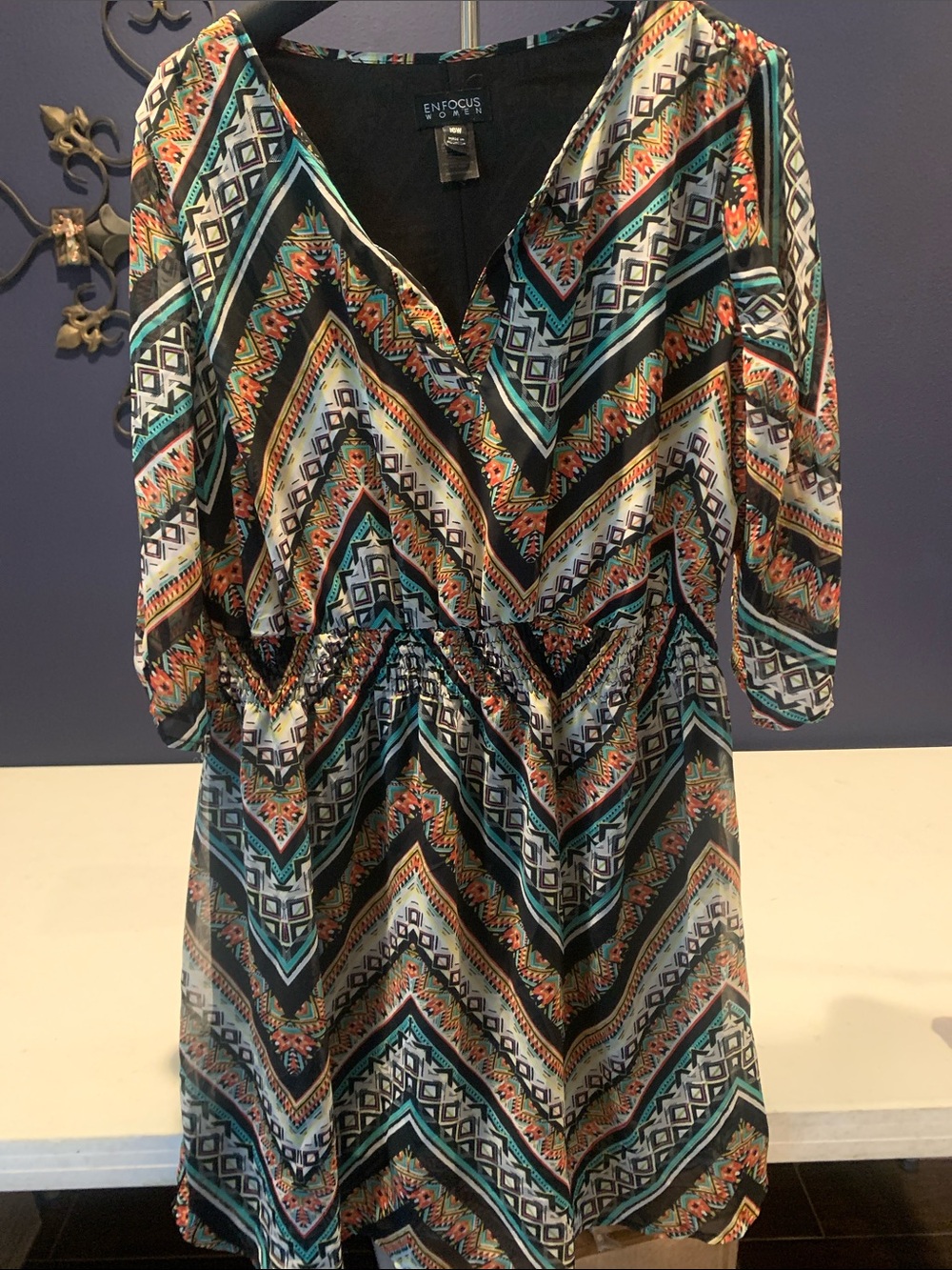 Enfocus Studio Teal Black White Orange Chevron V-Neck Tunic